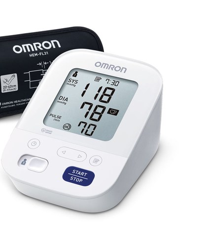 Ecrã do Omron M3 Comfort com sistólica, diastólica e pulso